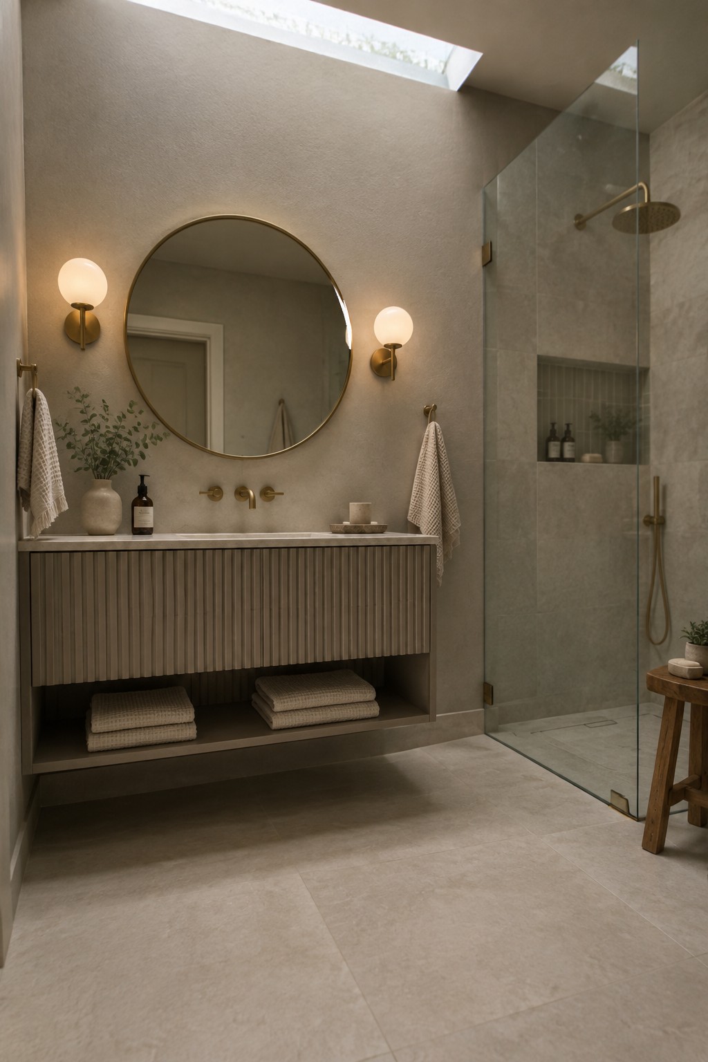 Modern beige bathroom with round mirror, fluted floating vanity, and glass shower