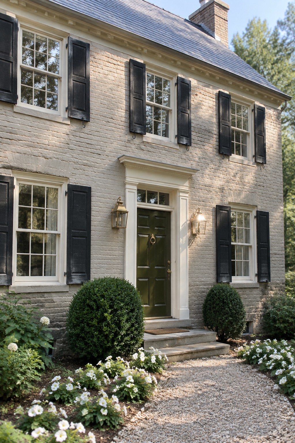 Painted brick house exterior in a light greige tone with white trim.