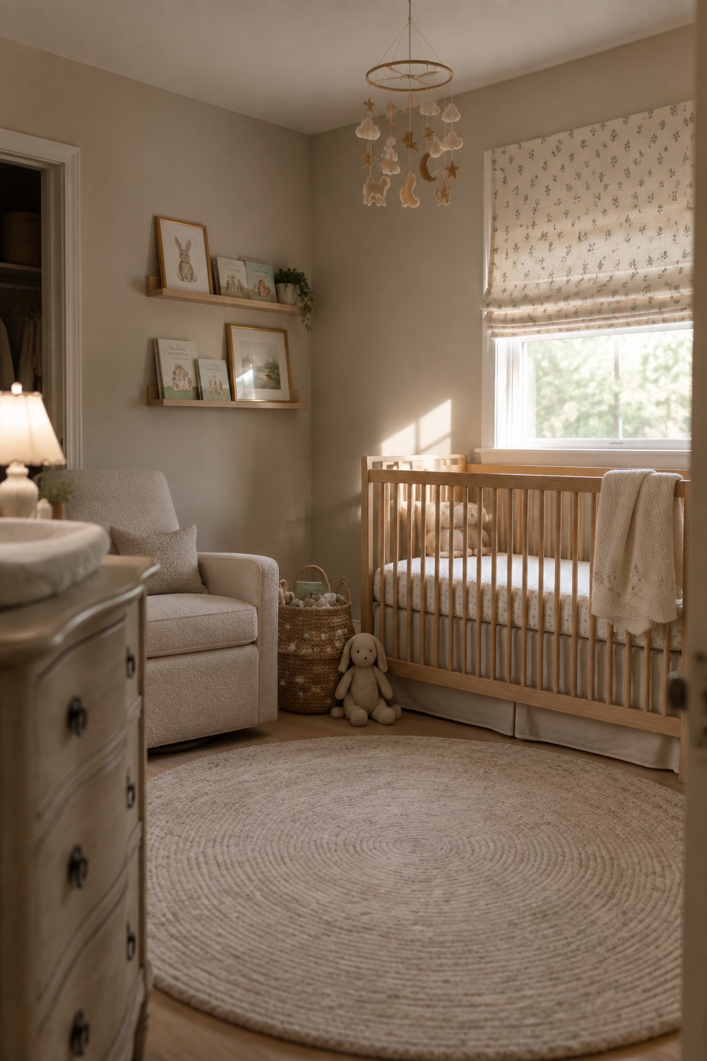 Cozy neutral nursery with wooden crib, beige armchair, round rug, and cloud mobile.