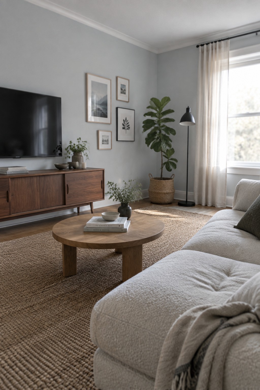 Cozy living room with round wooden coffee table, white sofa, and fiddle leaf fig plant