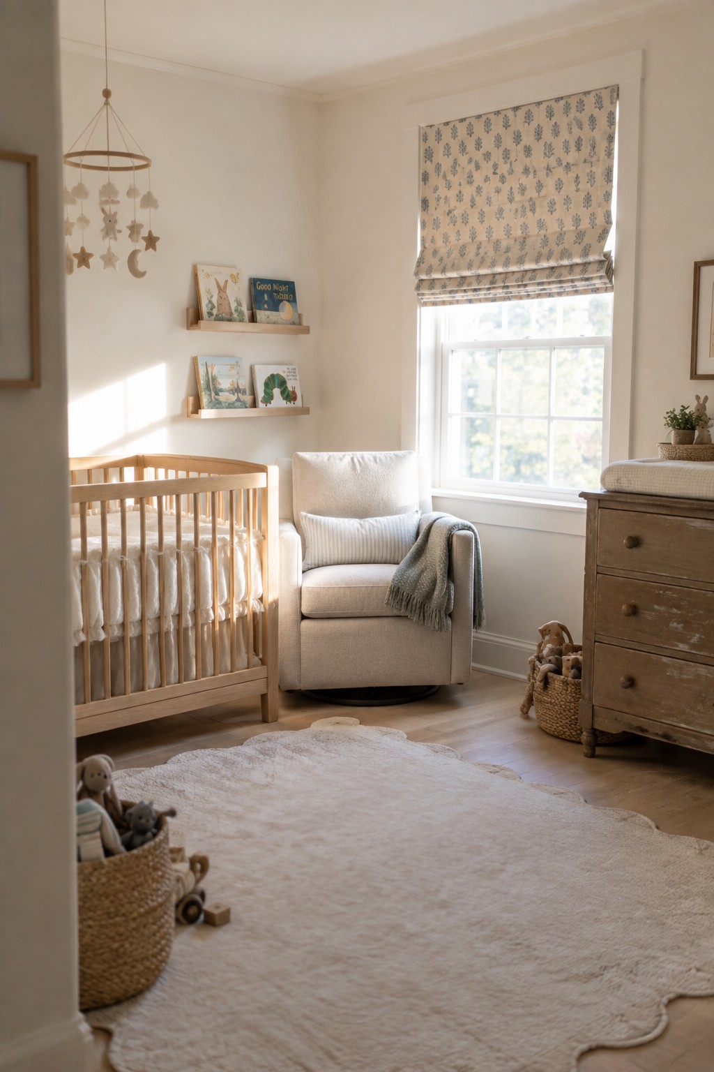 Cozy nursery with wooden crib, armchair, floating bookshelves, and scalloped white rug
