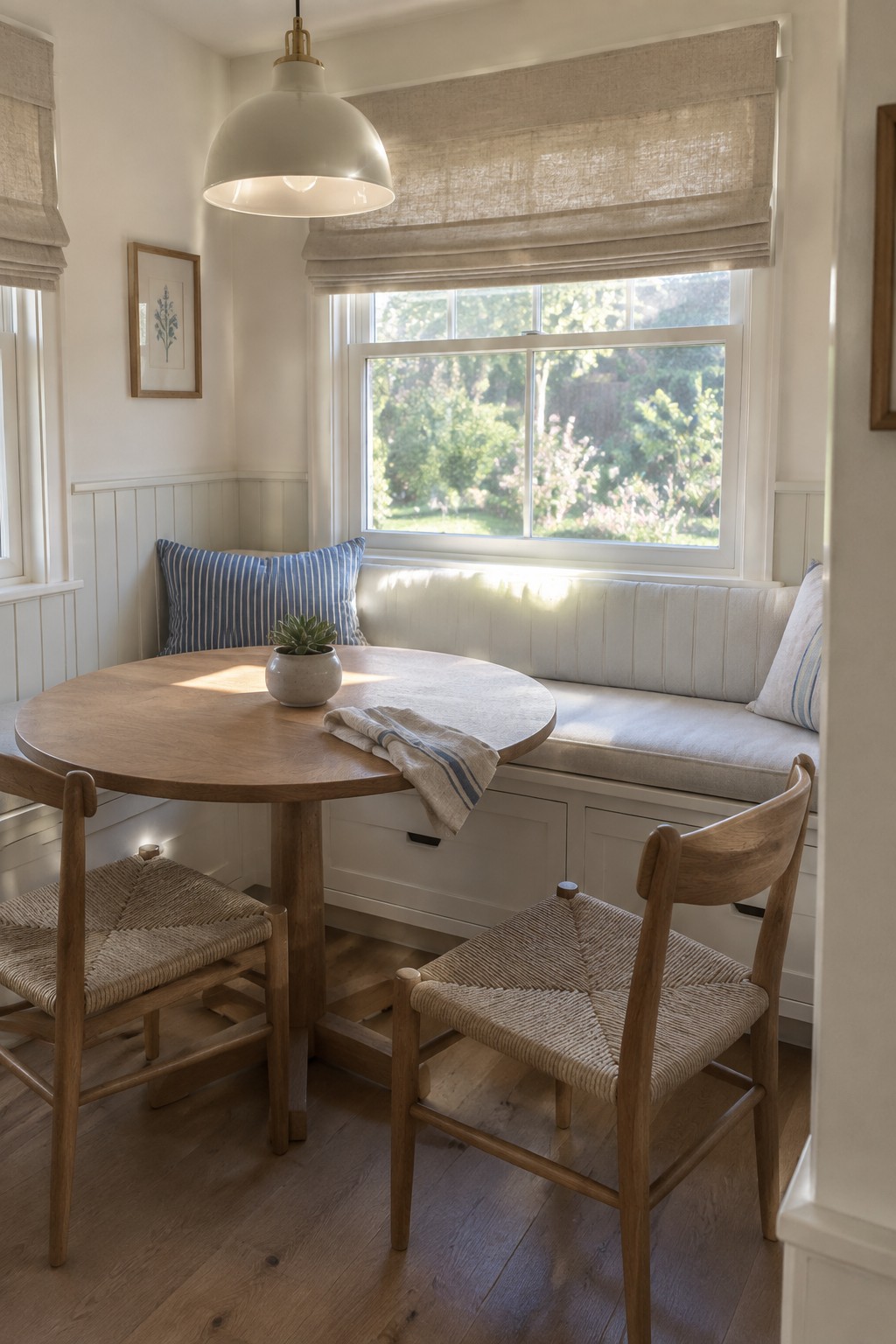 A dining nook with white walls and built-in bench painted the same soft white.