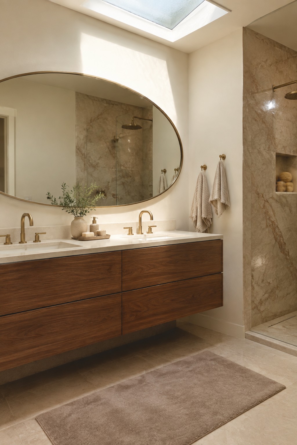 Bathroom with creamy white walls next to marble tile and a wood vanity.