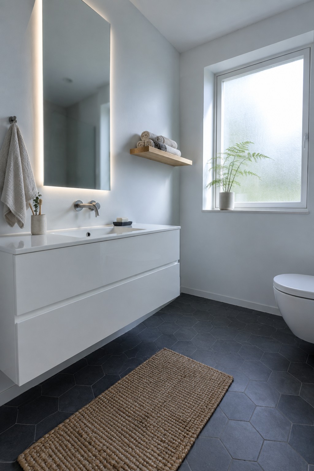 Modern minimalist bathroom with white floating vanity, backlit mirror, and dark hex tiles.