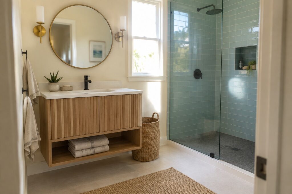 15 White Paint Colors for Bathroom Walls That Complement Tile A bathroom with warm white walls, a floating wood vanity, and blue-green shower tile.