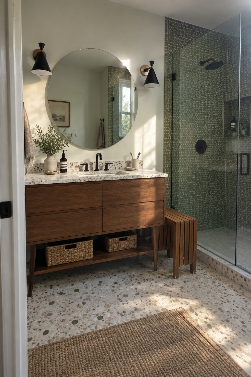 Bathroom walls painted a soft pale green above a terrazzo floor and wood vanity.