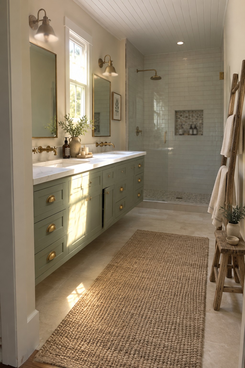 Sage green double vanity, marble counters, brass fixtures, tiled shower, woven rug.