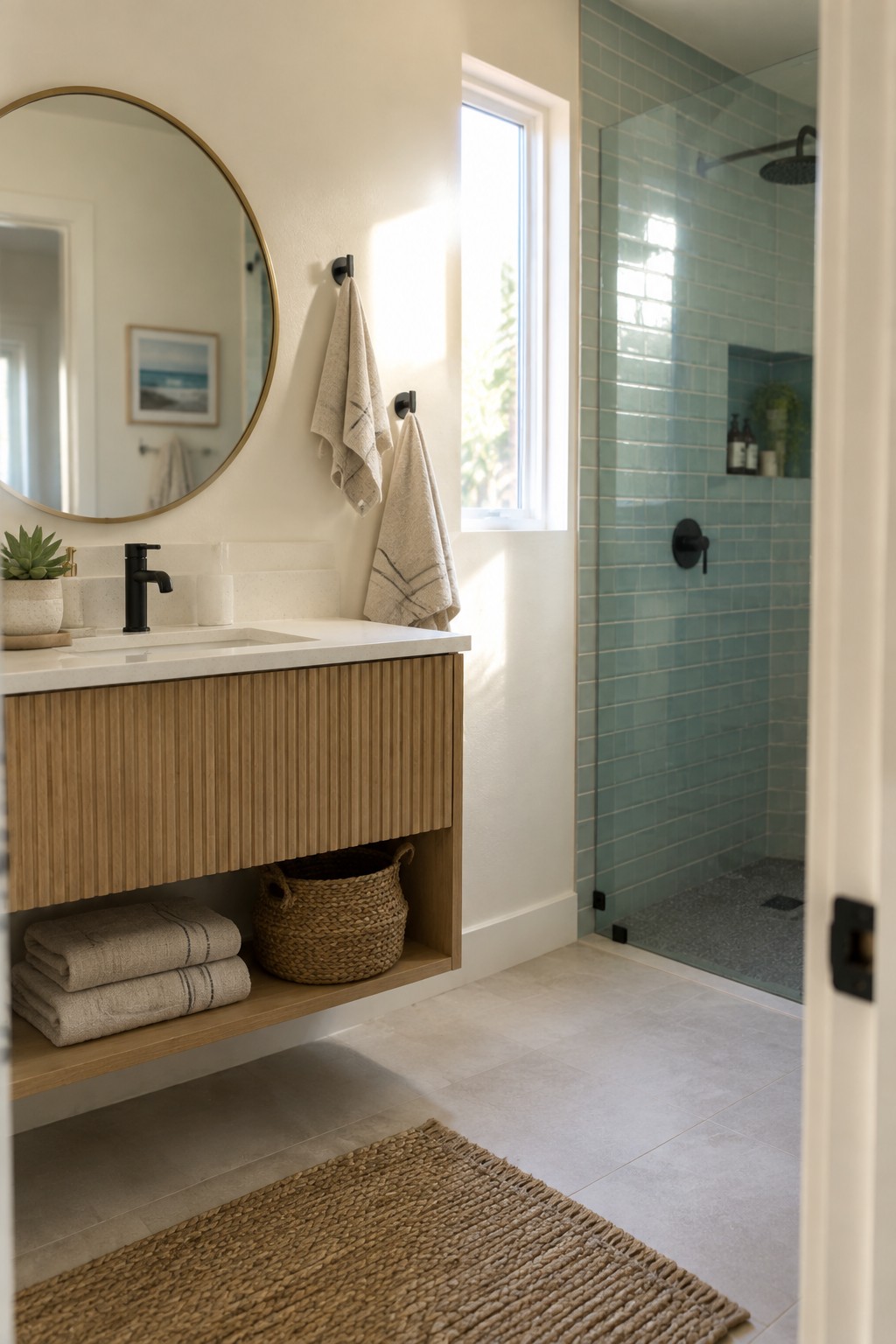 A bathroom with warm white walls, a floating wood vanity, and blue-green shower tile.
