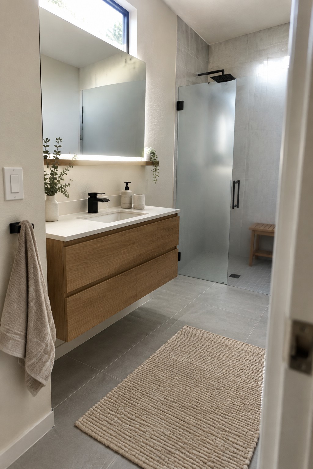 Bathroom walls painted in a soft warm white next to a wood vanity and gray tile.
