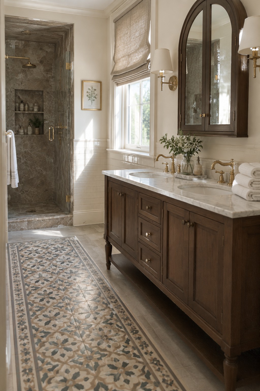 Bathroom walls painted a soft warm white above white subway tile next to a dark wood vanity.