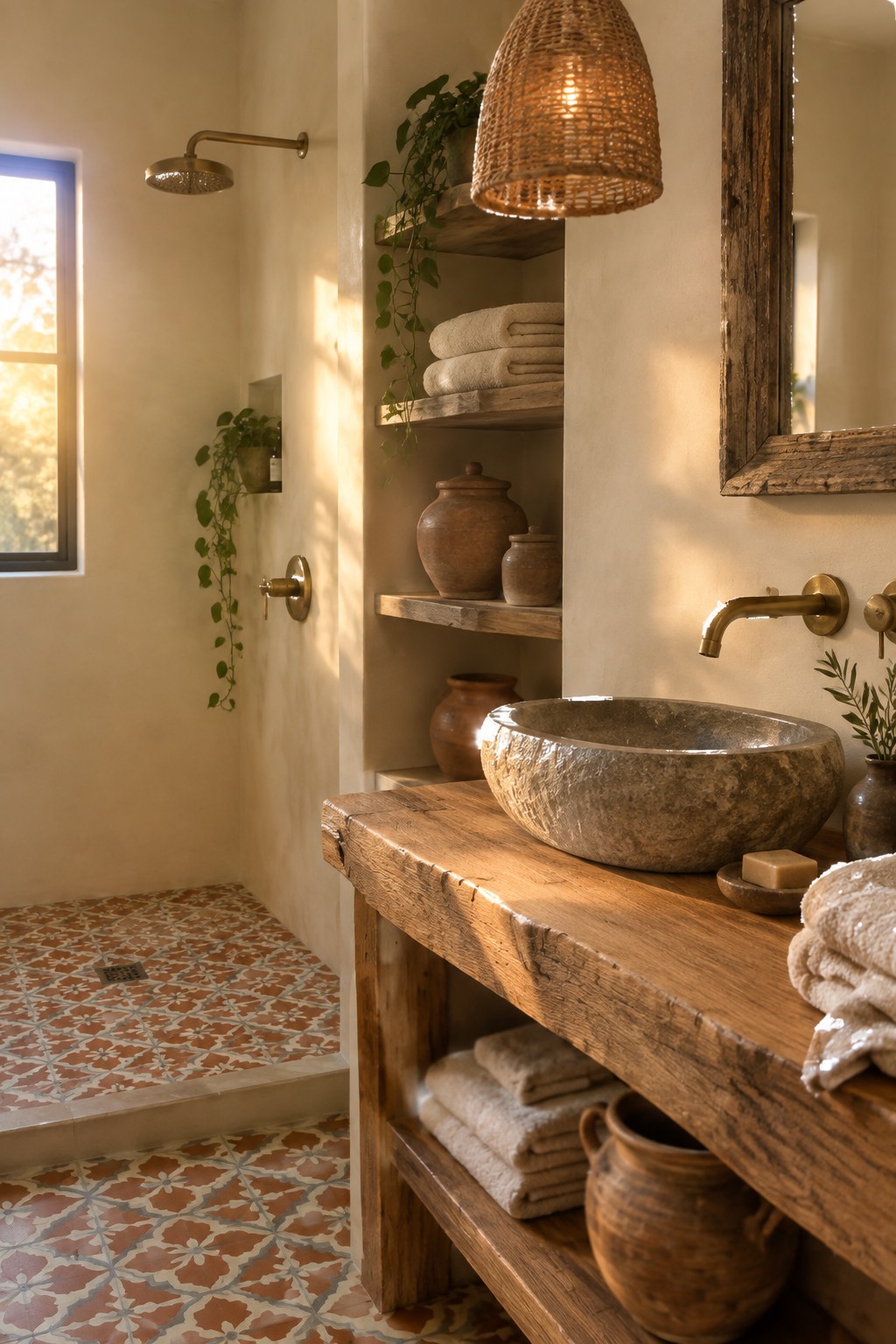 Rustic bathroom with wooden vanity, stone sink, woven pendant, and patterned tile shower