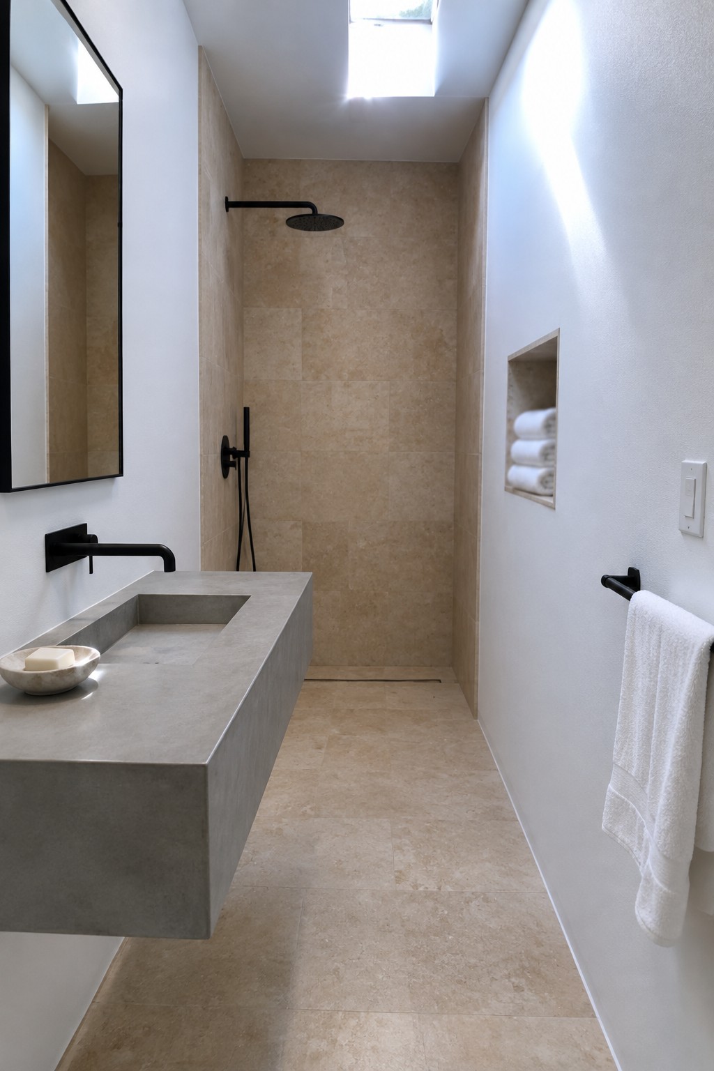 Modern minimalist bathroom with concrete sink, beige tiles, black fixtures, and skylight