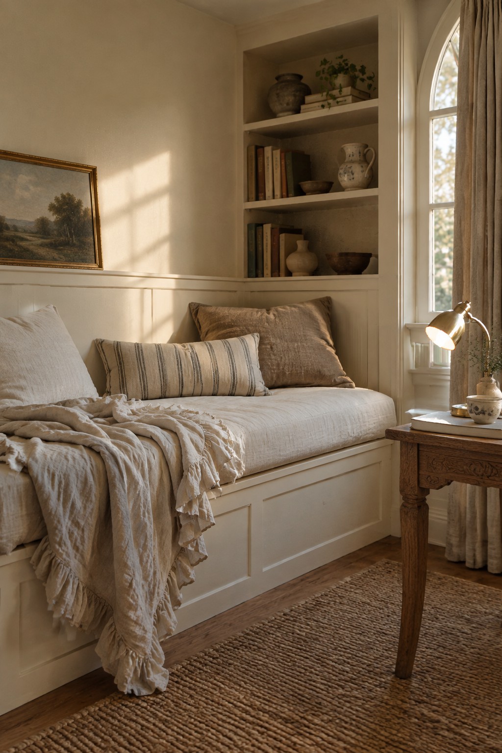 Warm creamy white paint on the walls and built-in daybed in a cozy interior nook.