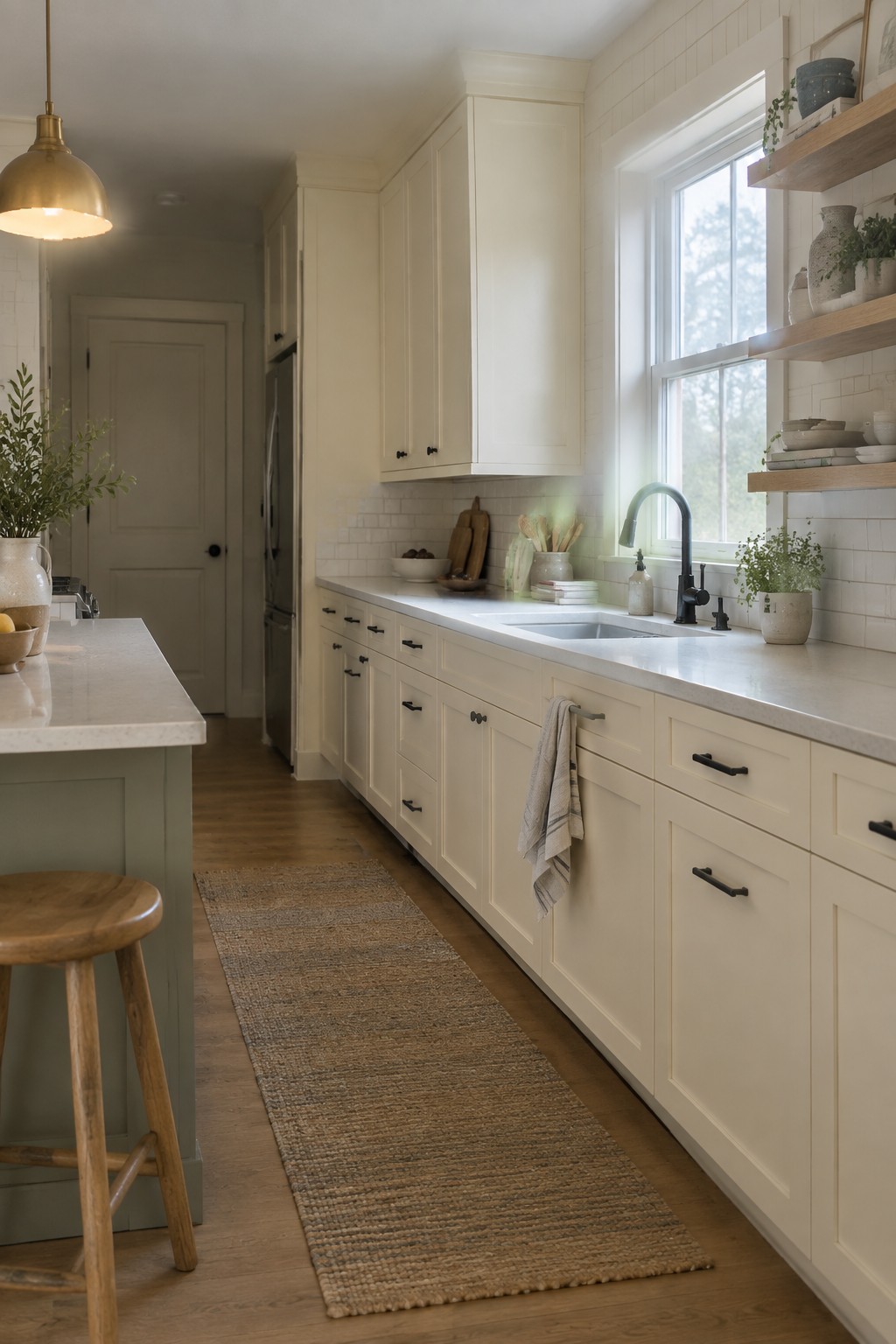 White kitchen with marble counters, black faucet, woven rug, green island and stool