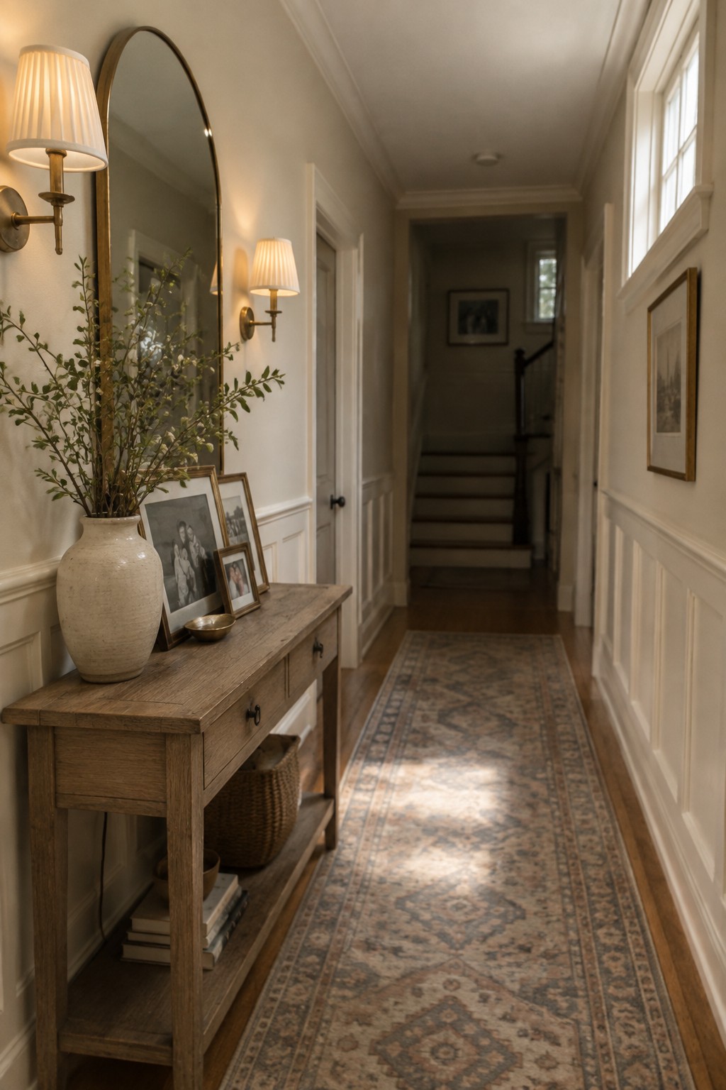 A narrow hallway with warm white walls above white wainscoting and a wooden console table.