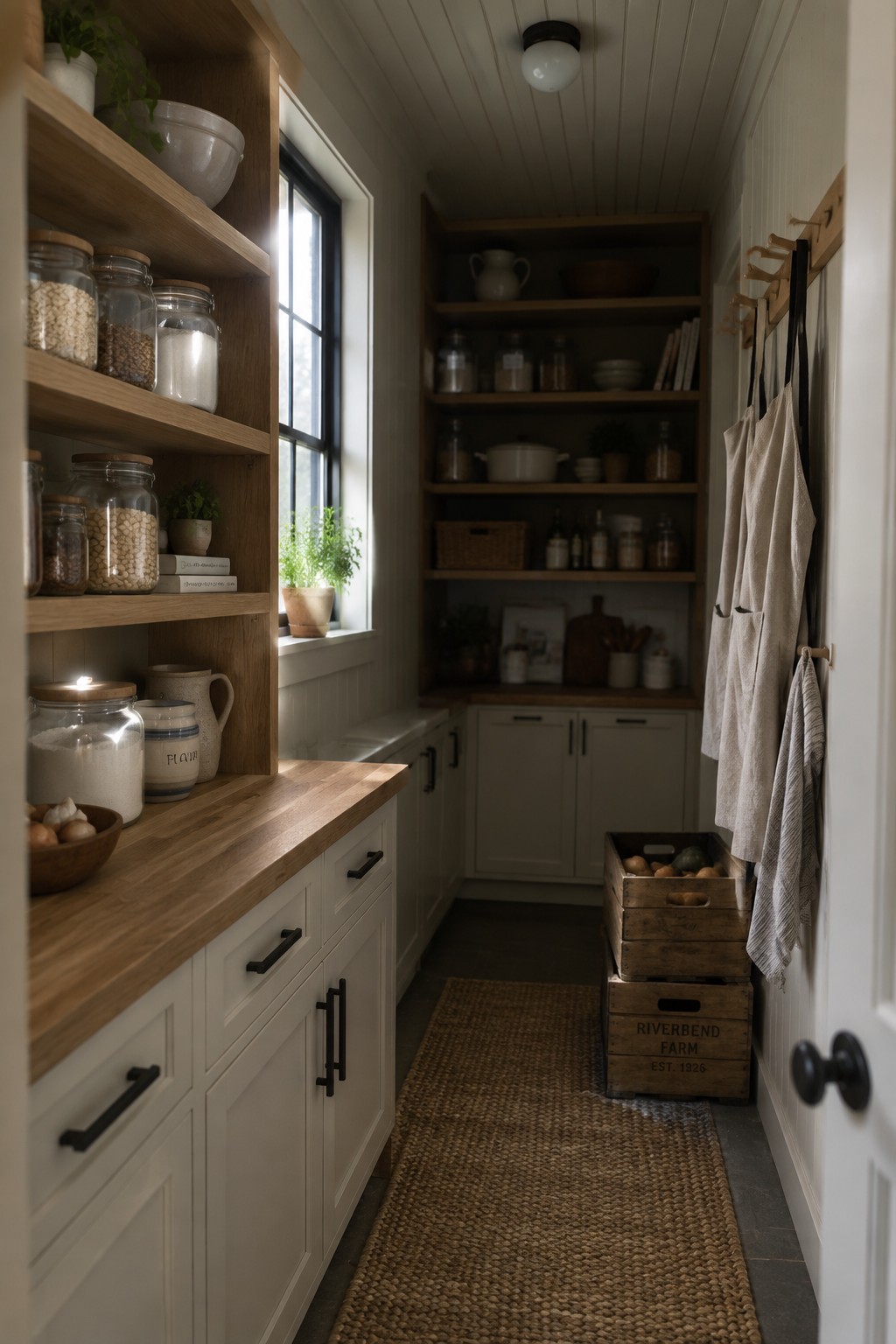 White cabinets and walls in a narrow pantry lined with wooden open shelves.