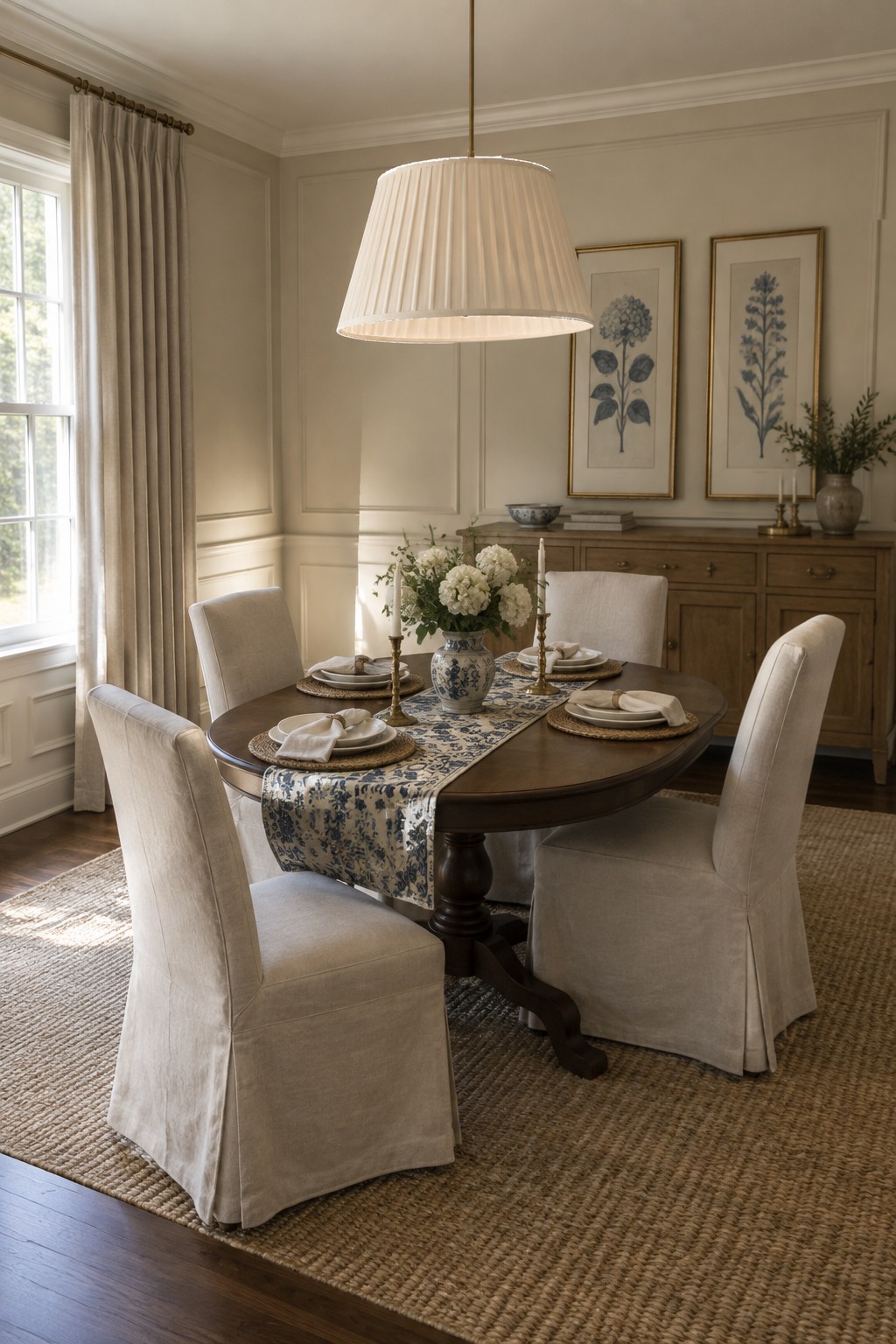 Warm white walls in a dining room with a dark wood table and neutral upholstered chairs.