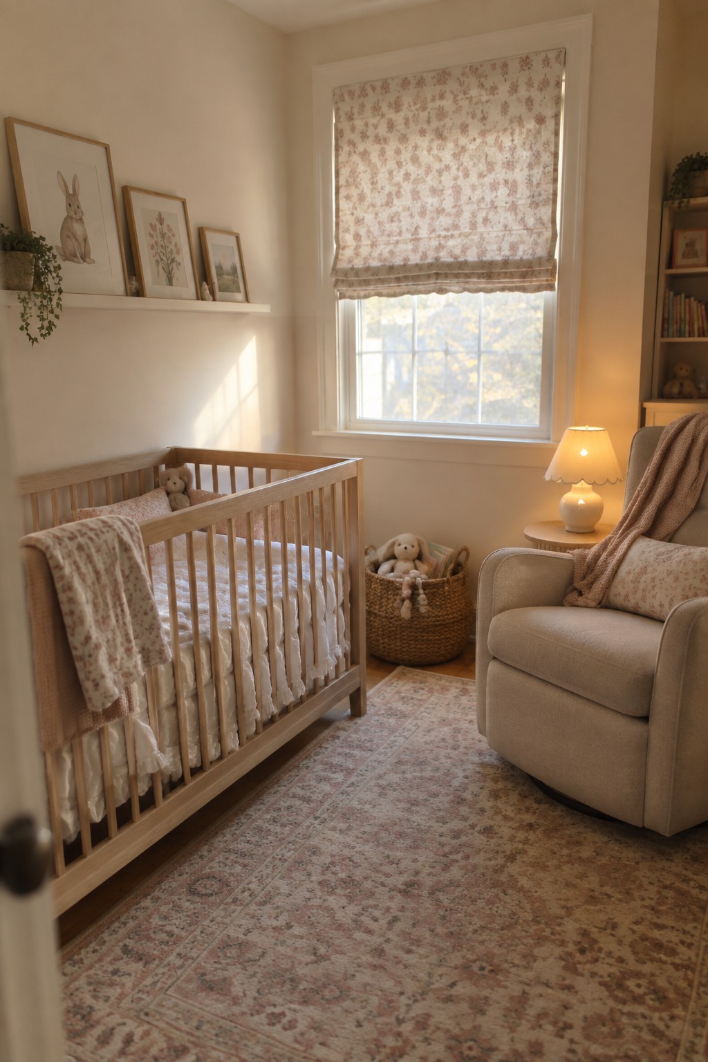 Cozy nursery with wooden crib, floral rug, beige armchair, and sunlit window shade.