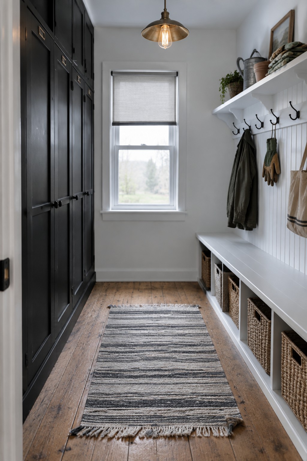 A narrow mudroom features white walls paired with tall black cabinet doors and a white built-in bench with storage.