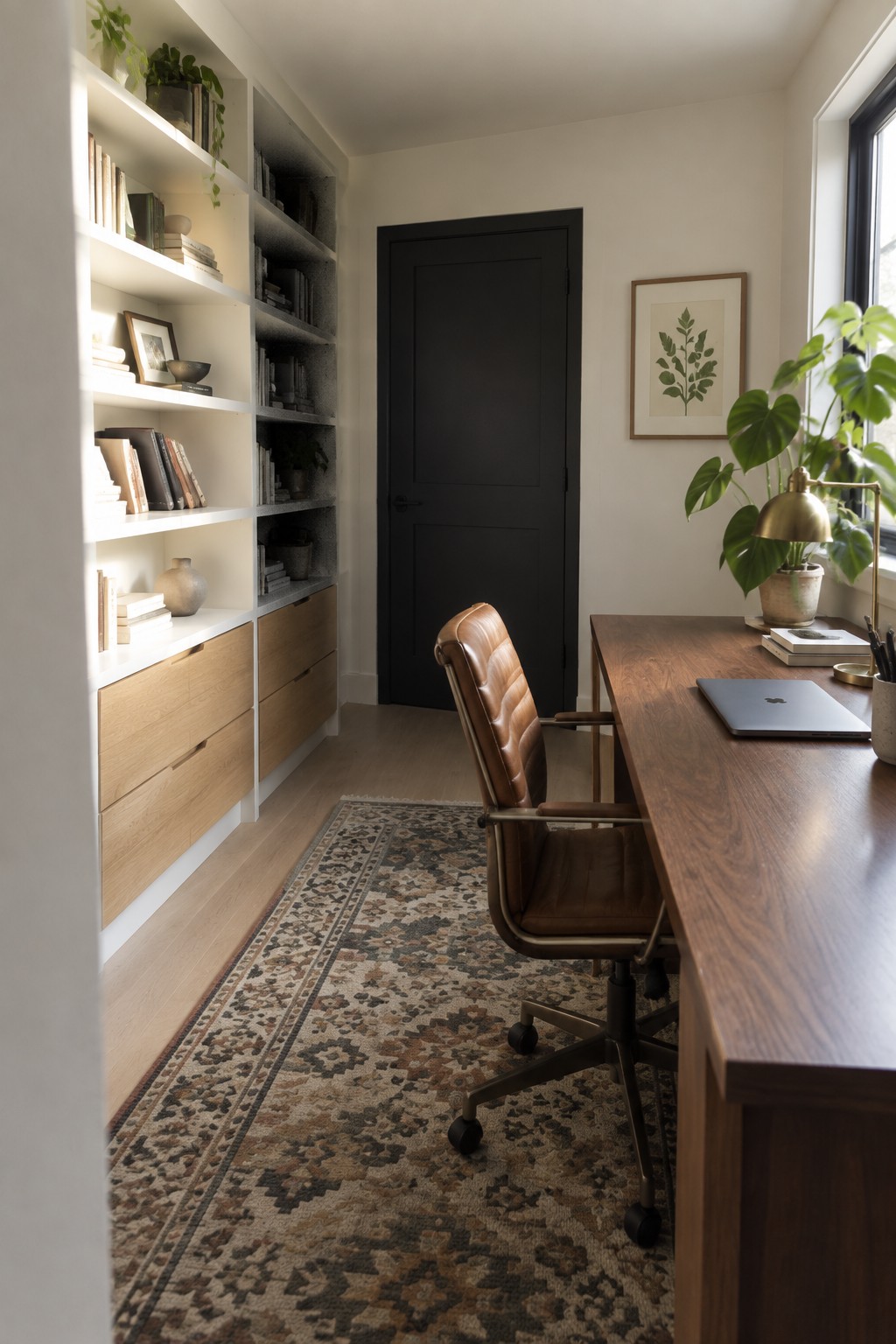 Modern home office with built-in shelves, leather chair, wooden desk, and rug.