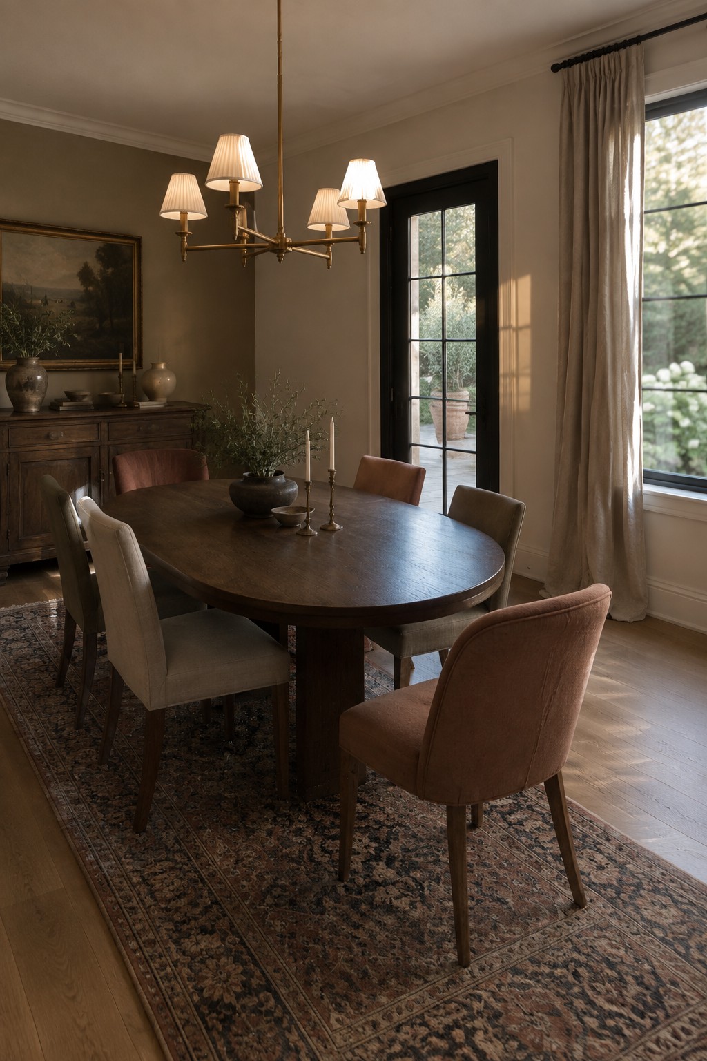 Warm greige walls in a dining room with black door and dark wood furniture.