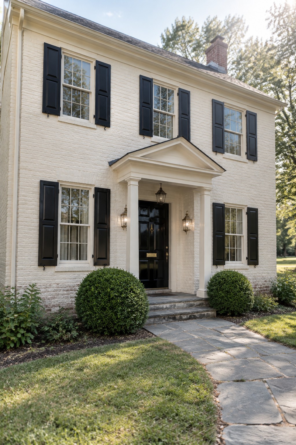 White brick colonial house with black shutters, door, columns, shrubs, and stone path.