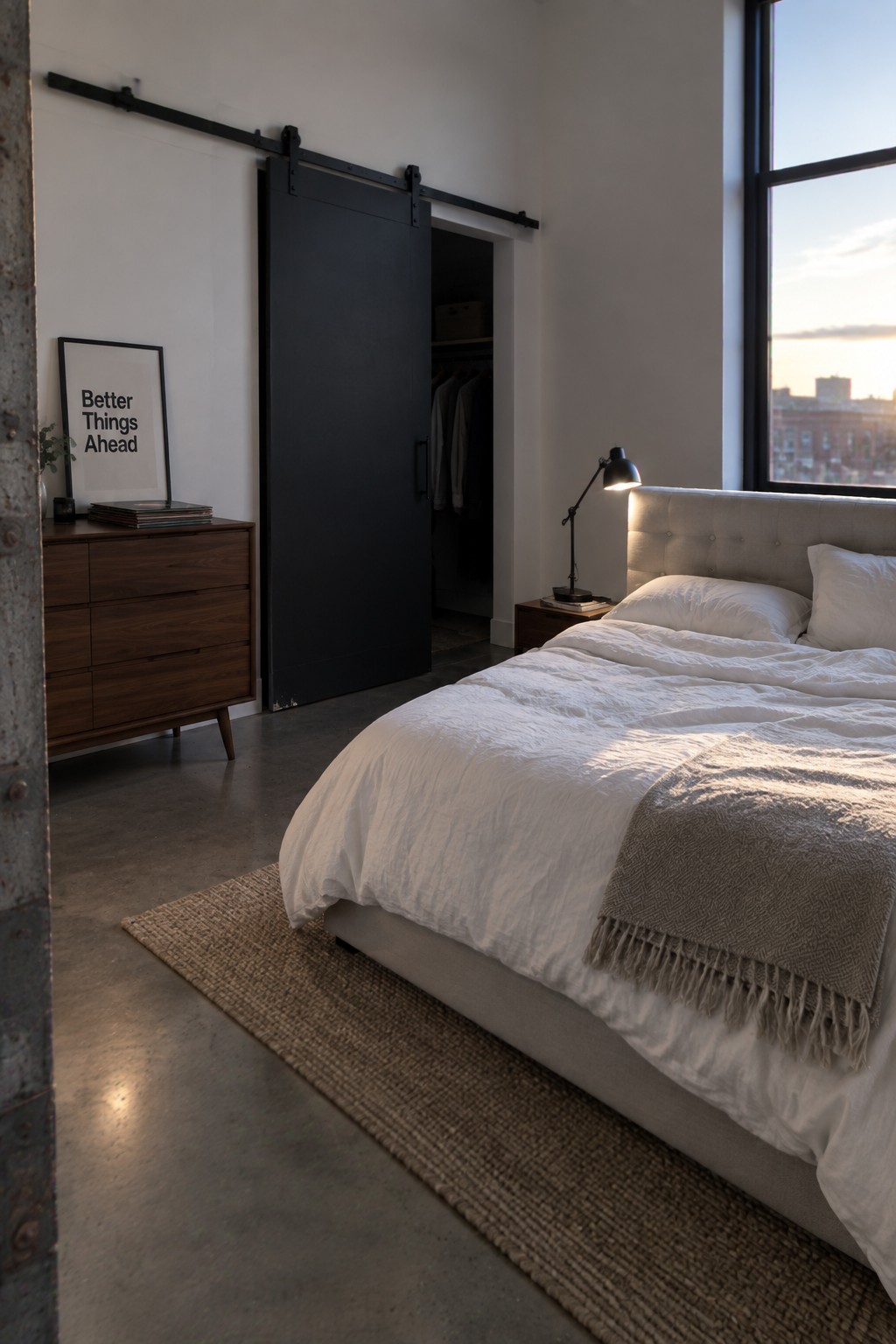 Bedroom with white walls and a black sliding barn door.
