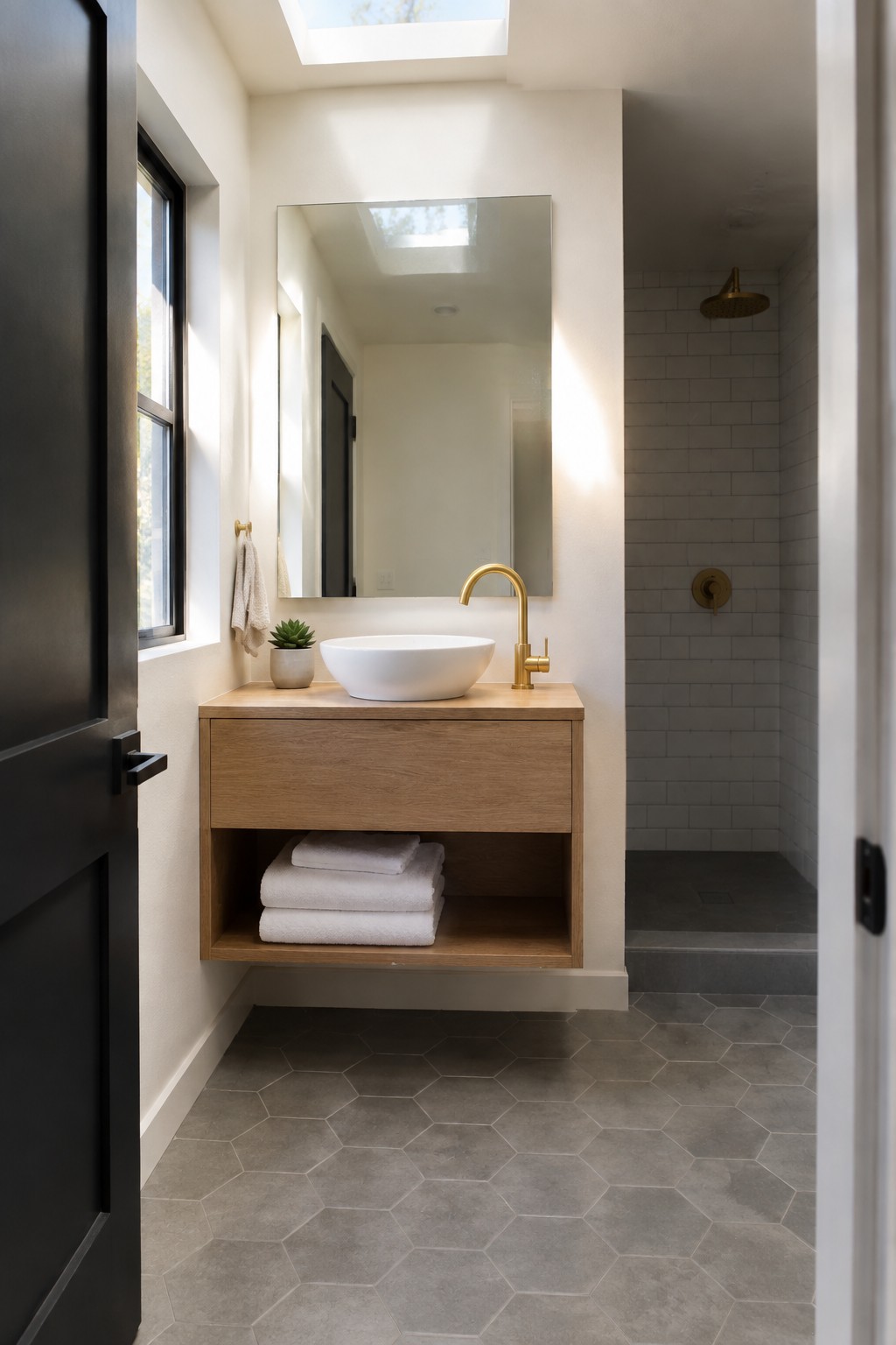 A bathroom with white walls, a black door, and a floating wood vanity under a skylight.