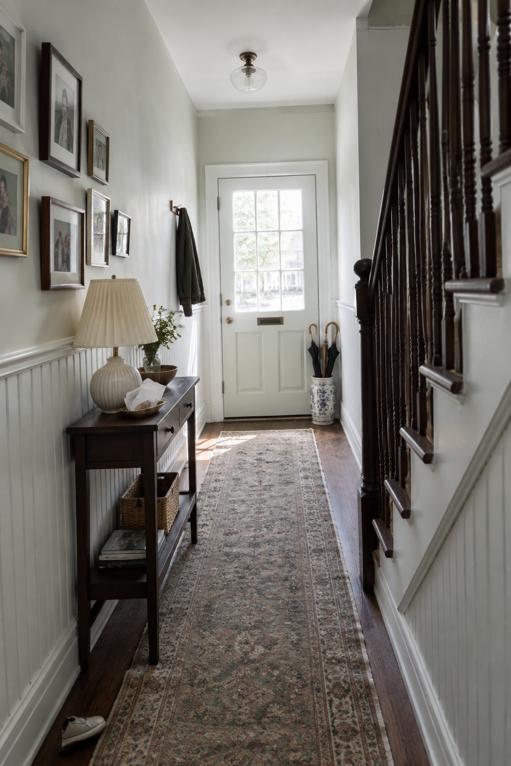 Long hallway with patterned runner rug, dark wood staircase, console table, and white door.