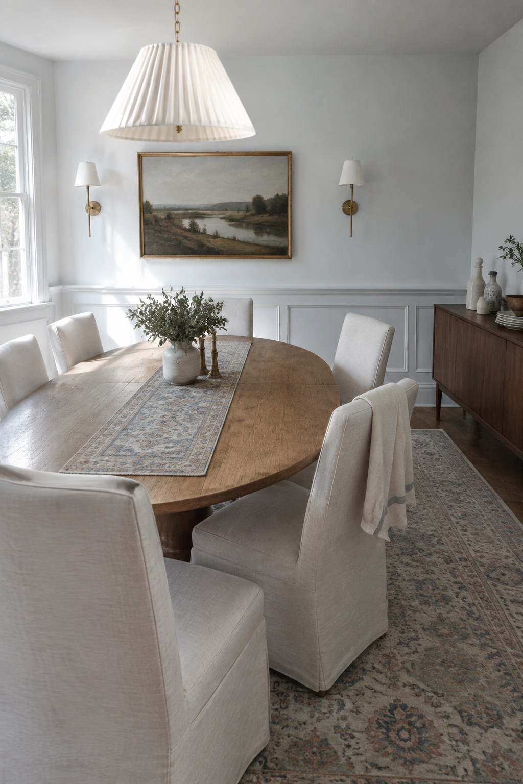 Round wooden dining table with beige chairs beneath white pendant light in neutral room