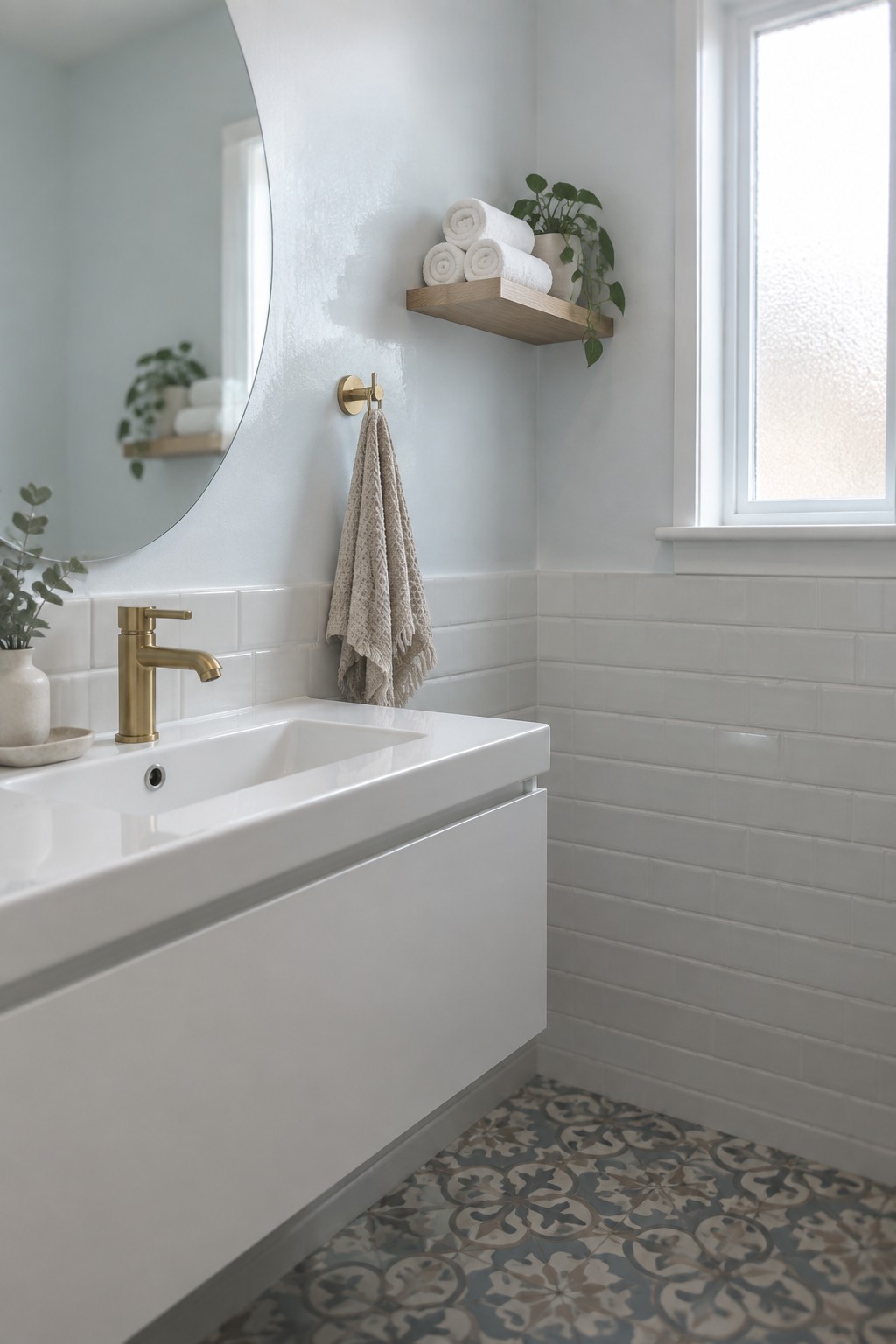 Bathroom walls painted in a cool white with gray undertones above white subway tile.