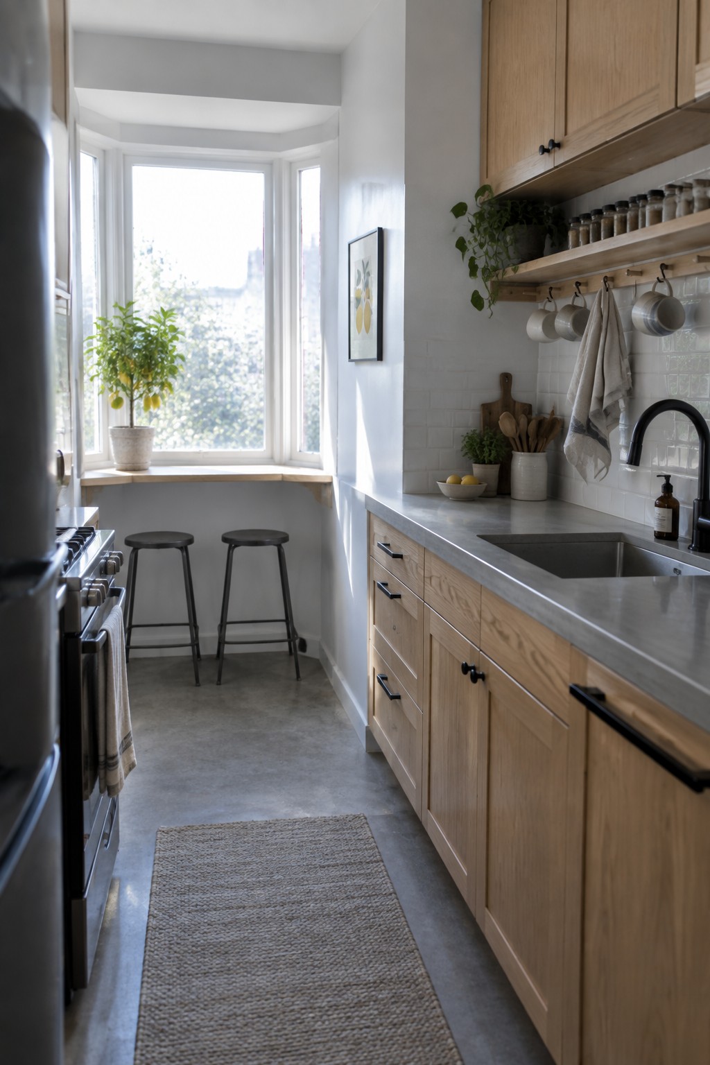 Light wood kitchen with gray countertop, bay window, stools, and lemon tree.
