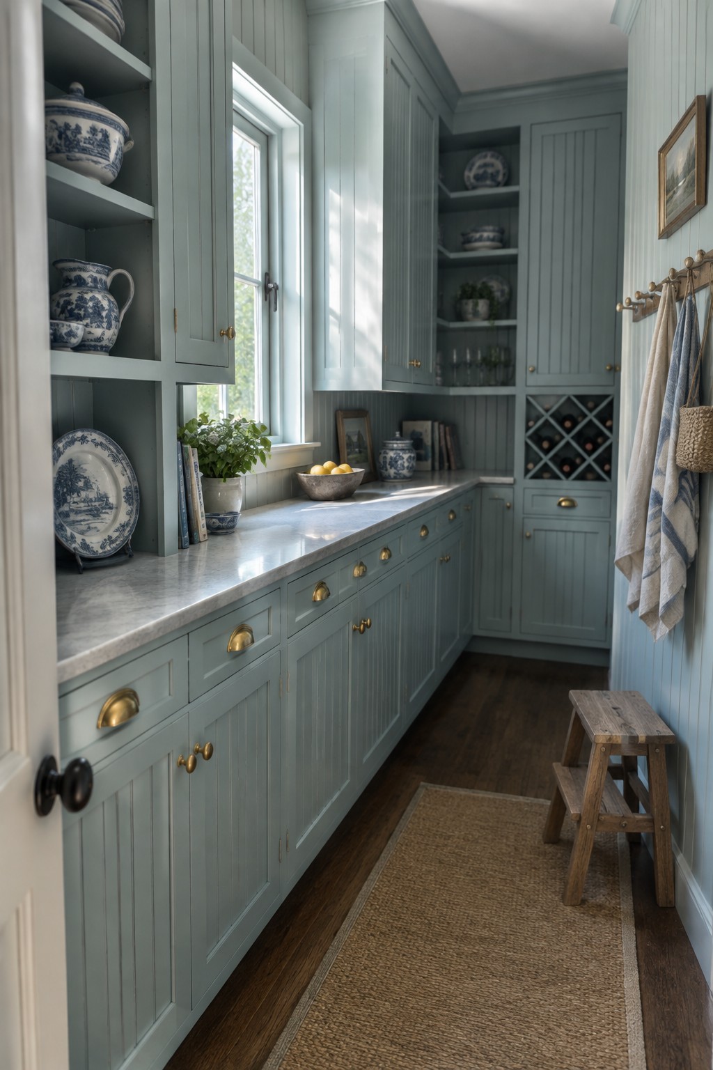 Narrow pantry lined with soft blue green cabinetry and open shelves above a marble counter.