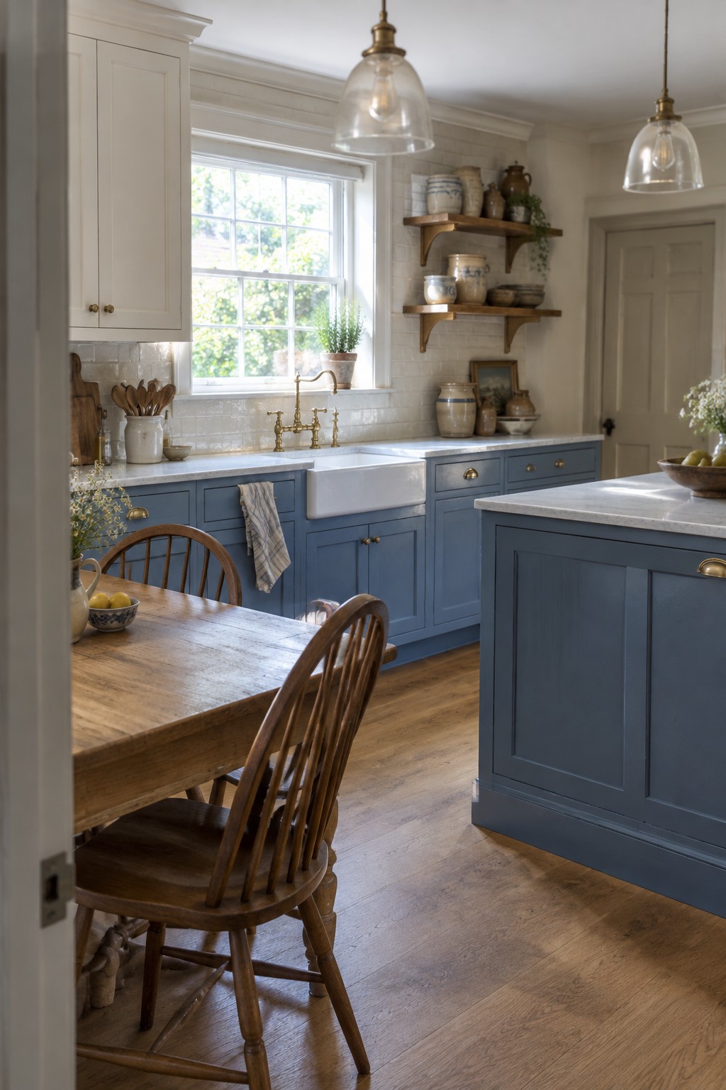 Blue kitchen with white sink, wooden table, shelves of pottery, and pendant lights