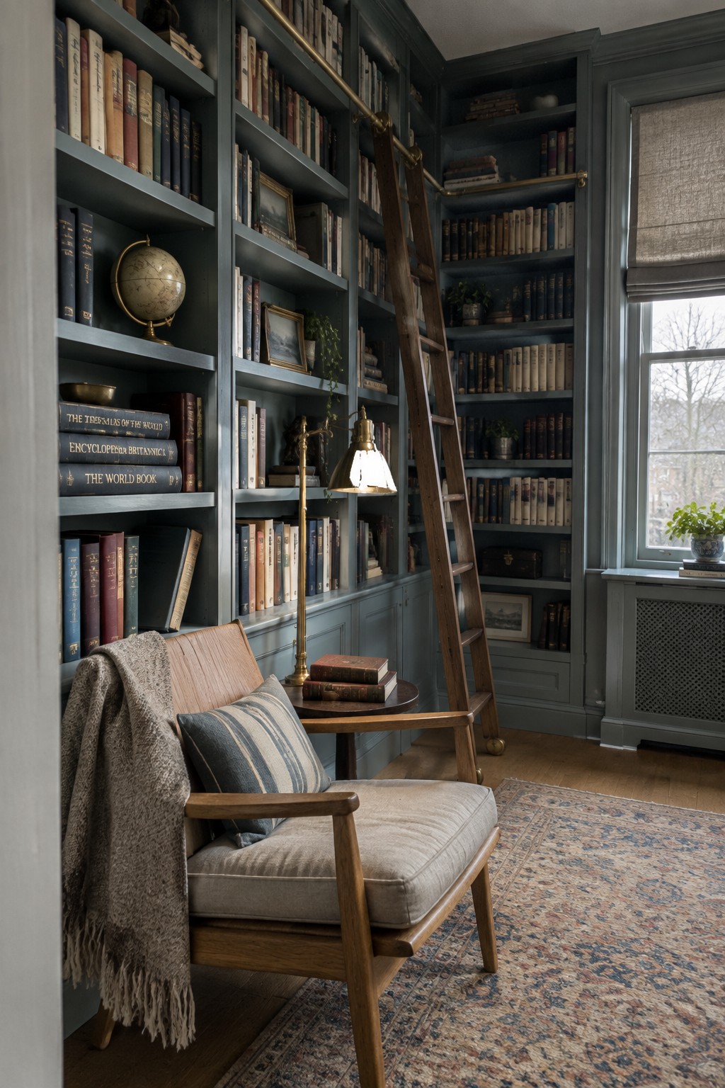 Built-in bookshelves and walls painted a muted blue-gray in a traditional library.