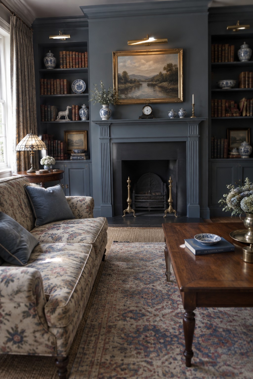 Elegant living room with dark blue walls, fireplace, floral sofa, and wooden table.