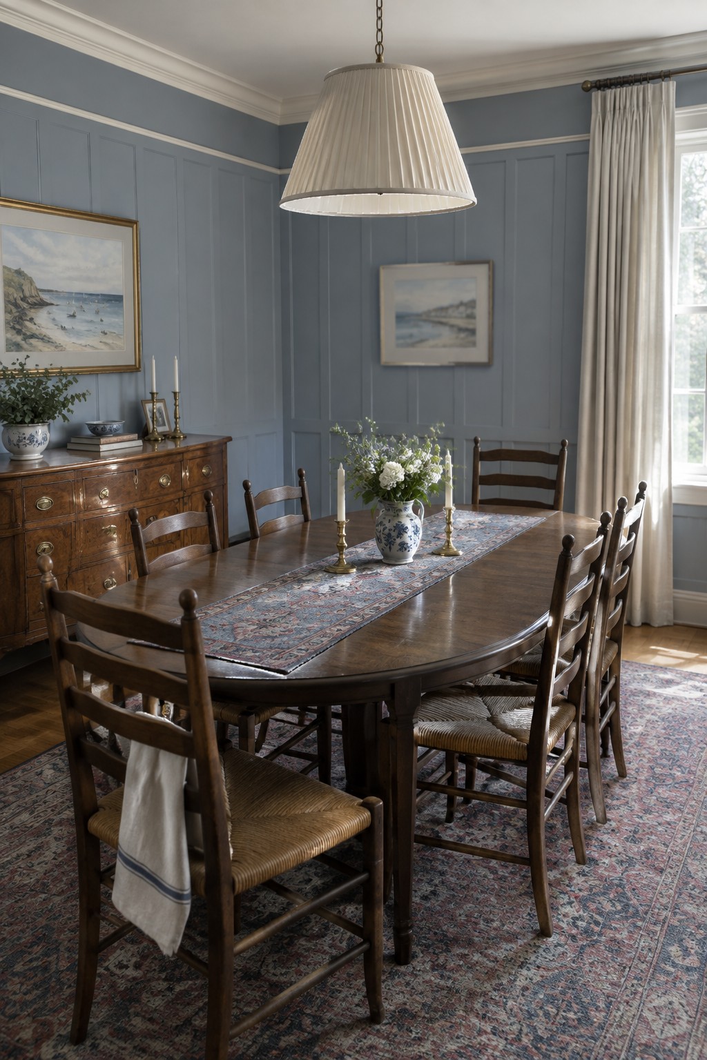 Elegant dining room with long wooden table, rush-seated chairs, blue walls, and floral vase.