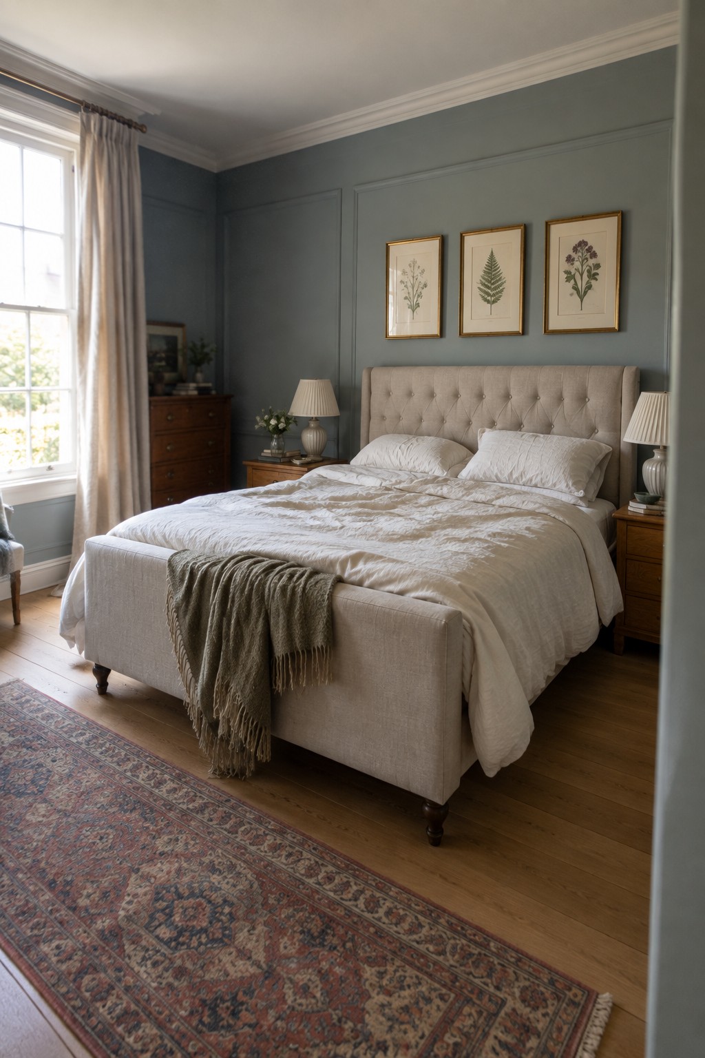A bedroom featuring muted blue-gray walls and a large upholstered bed.