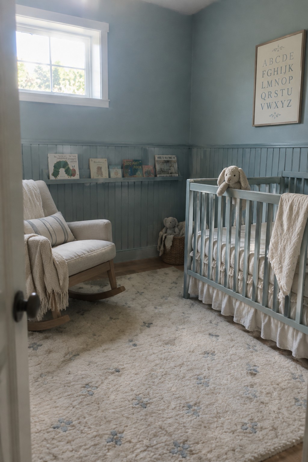 A nursery featuring soft blue walls and matching beadboard wainscoting.
