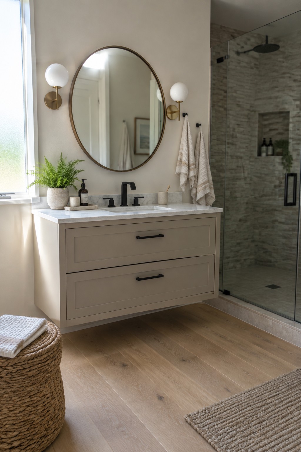 A floating bathroom vanity painted in greige with a white marble top and black hardware.