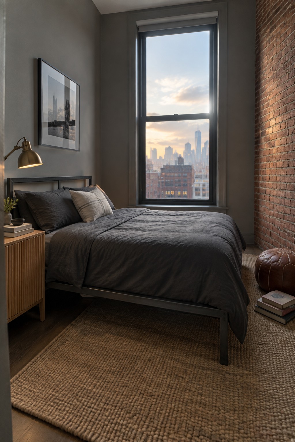 Greige painted walls in a bedroom with a large window and exposed brick on one side.