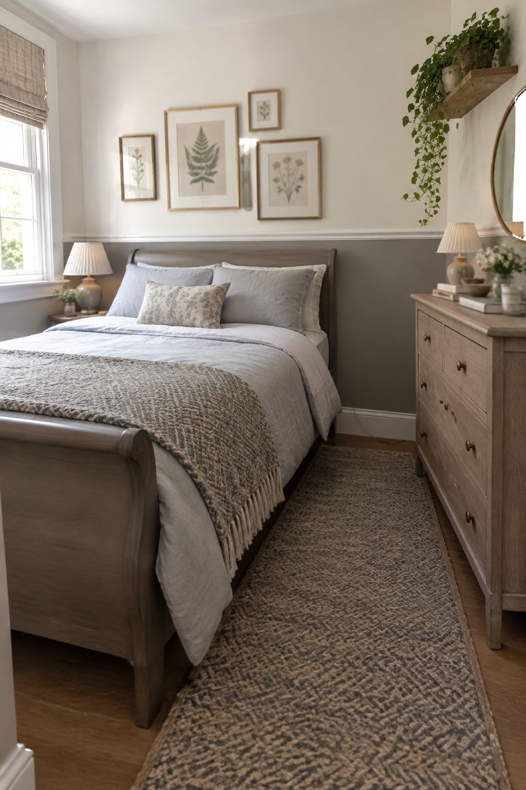 Bedroom walls painted in soft greige above gray wainscoting with a wooden bed frame.