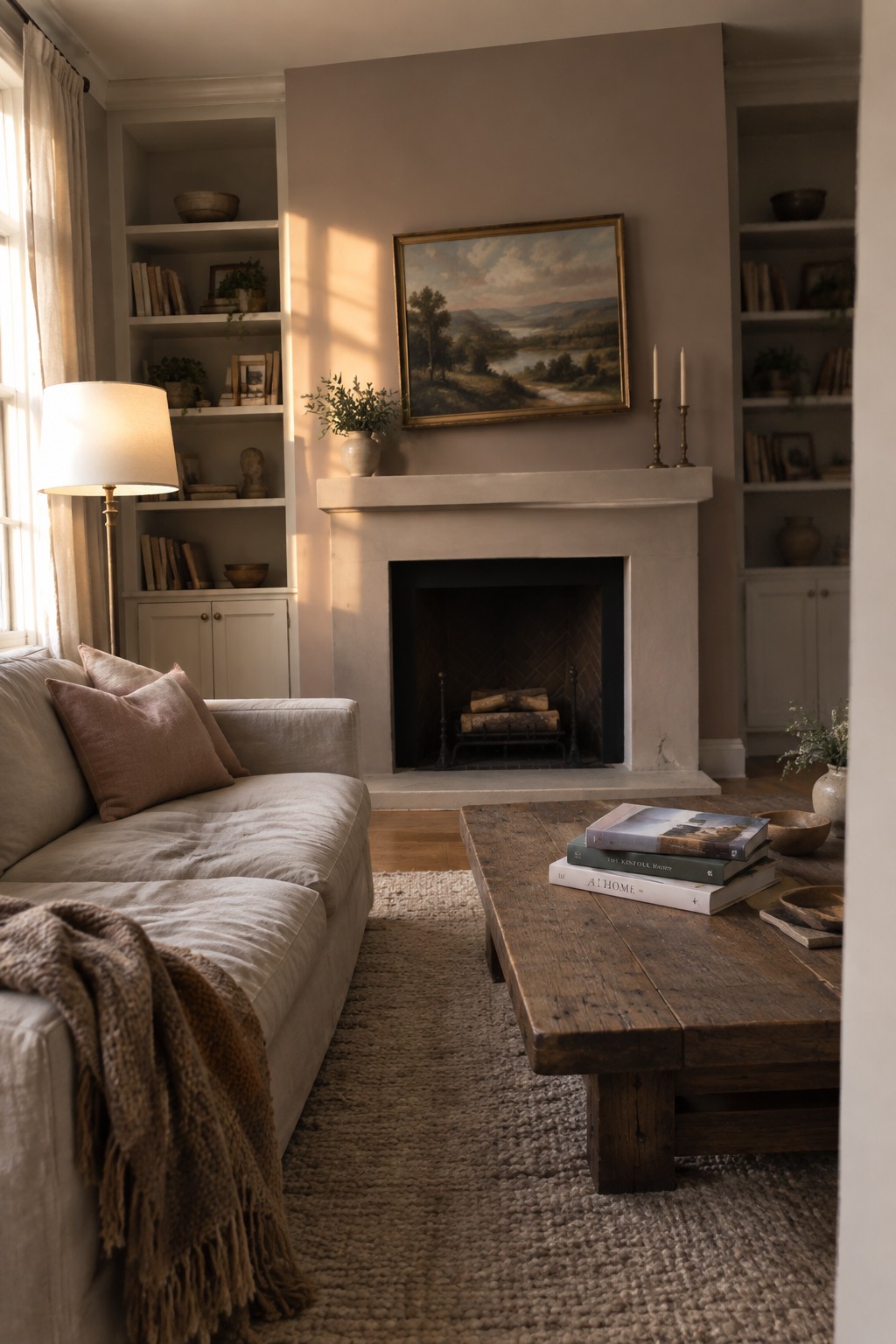 A living room with greige painted walls and fireplace mantel.