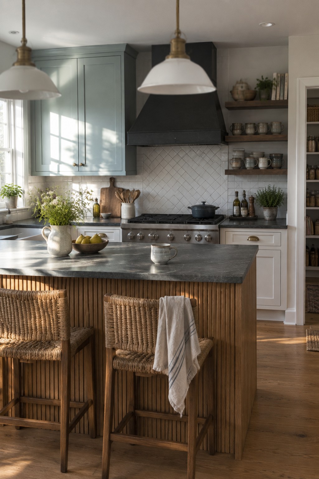 Rustic kitchen with wooden island, woven bar stools, sage cabinets, and black range hood