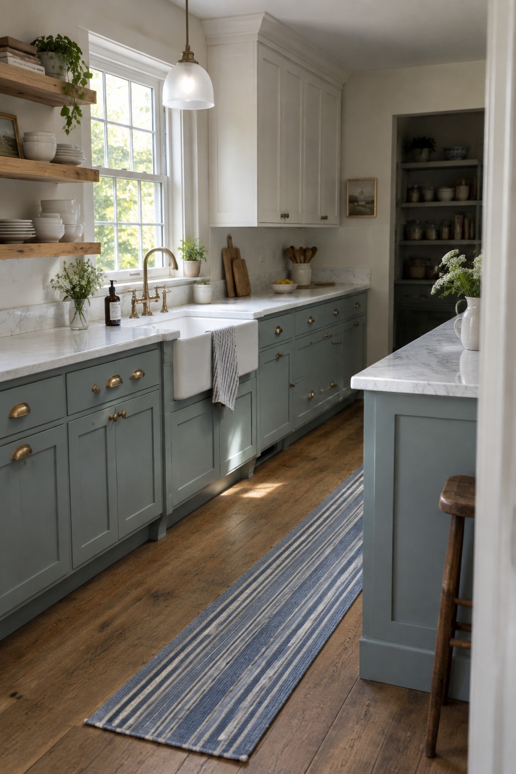 Muted blue-gray cabinets in a farmhouse kitchen with marble counters and wood floors.