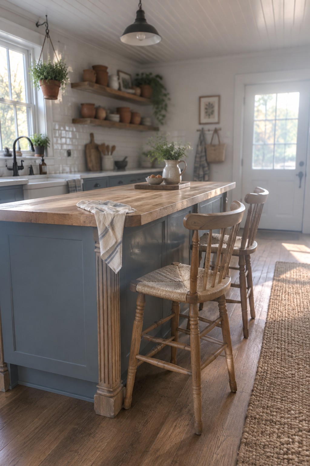 A farmhouse kitchen island painted in soft blue gray with a wood countertop and wooden stools.