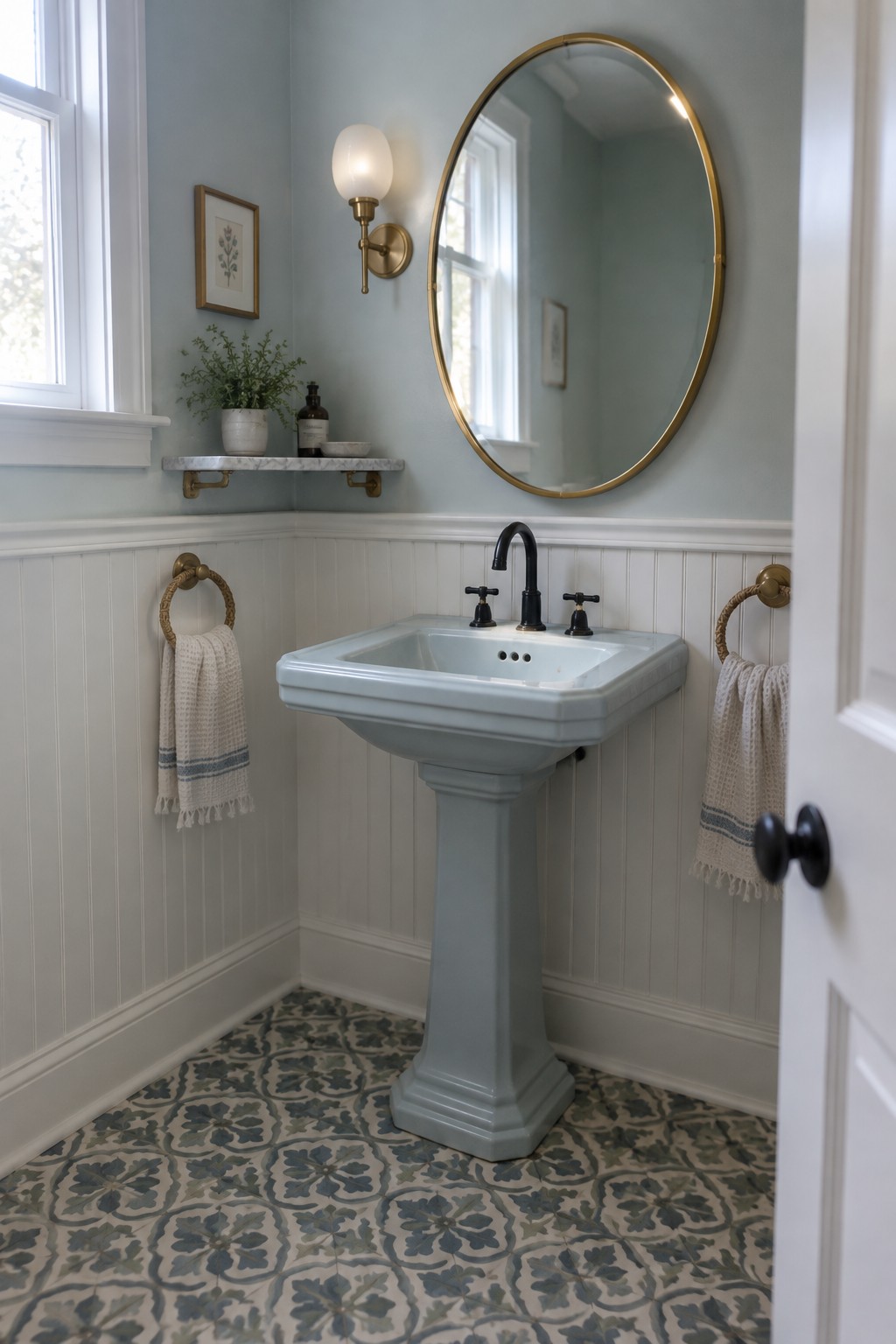 Light blue pedestal sink under gold round mirror in vintage bathroom with patterned floor.