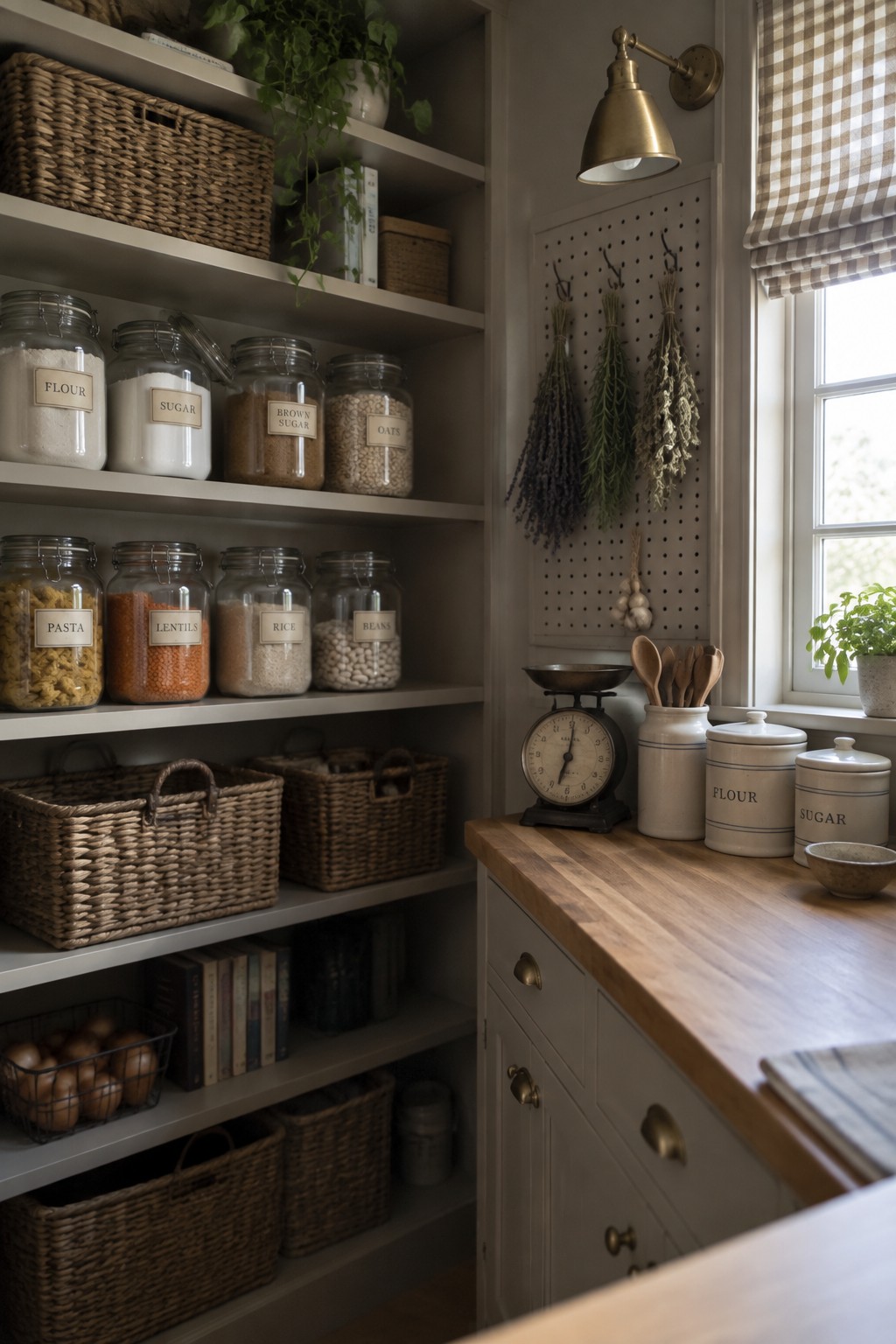 Greige painted walls and cabinetry in a farmhouse pantry with a wood countertop.