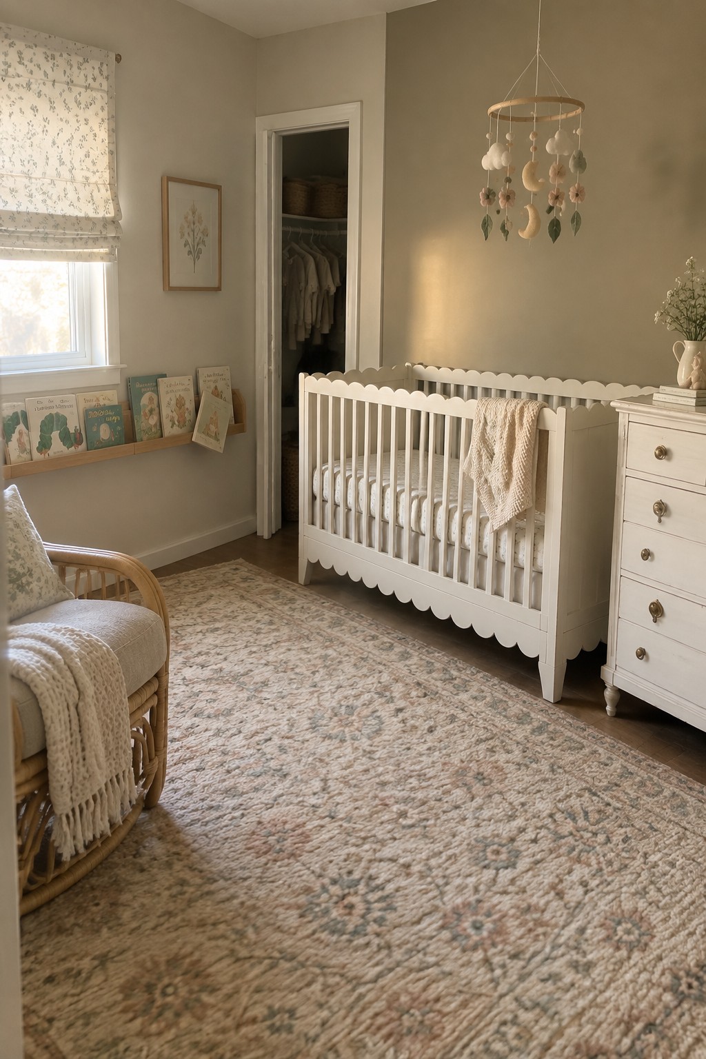Nursery walls painted in a soft warm greige with white trim and wood flooring.
