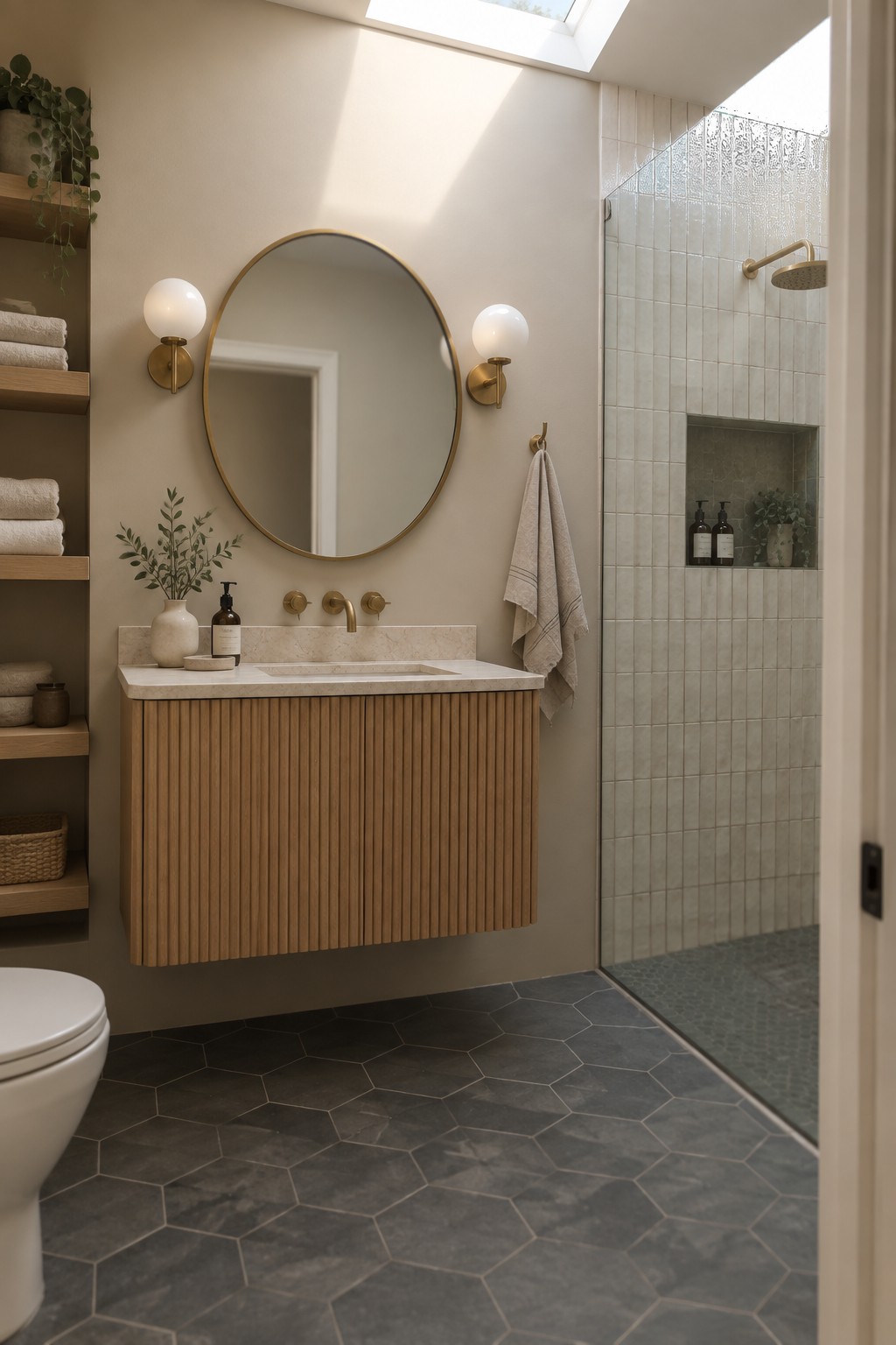 A bathroom featuring warm greige walls paired with a wooden vanity and marble countertop.